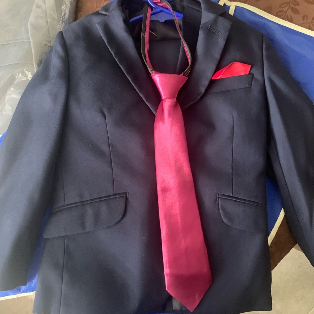 Kids Navy Matching Suit Set with Red Tie and Pocket Square